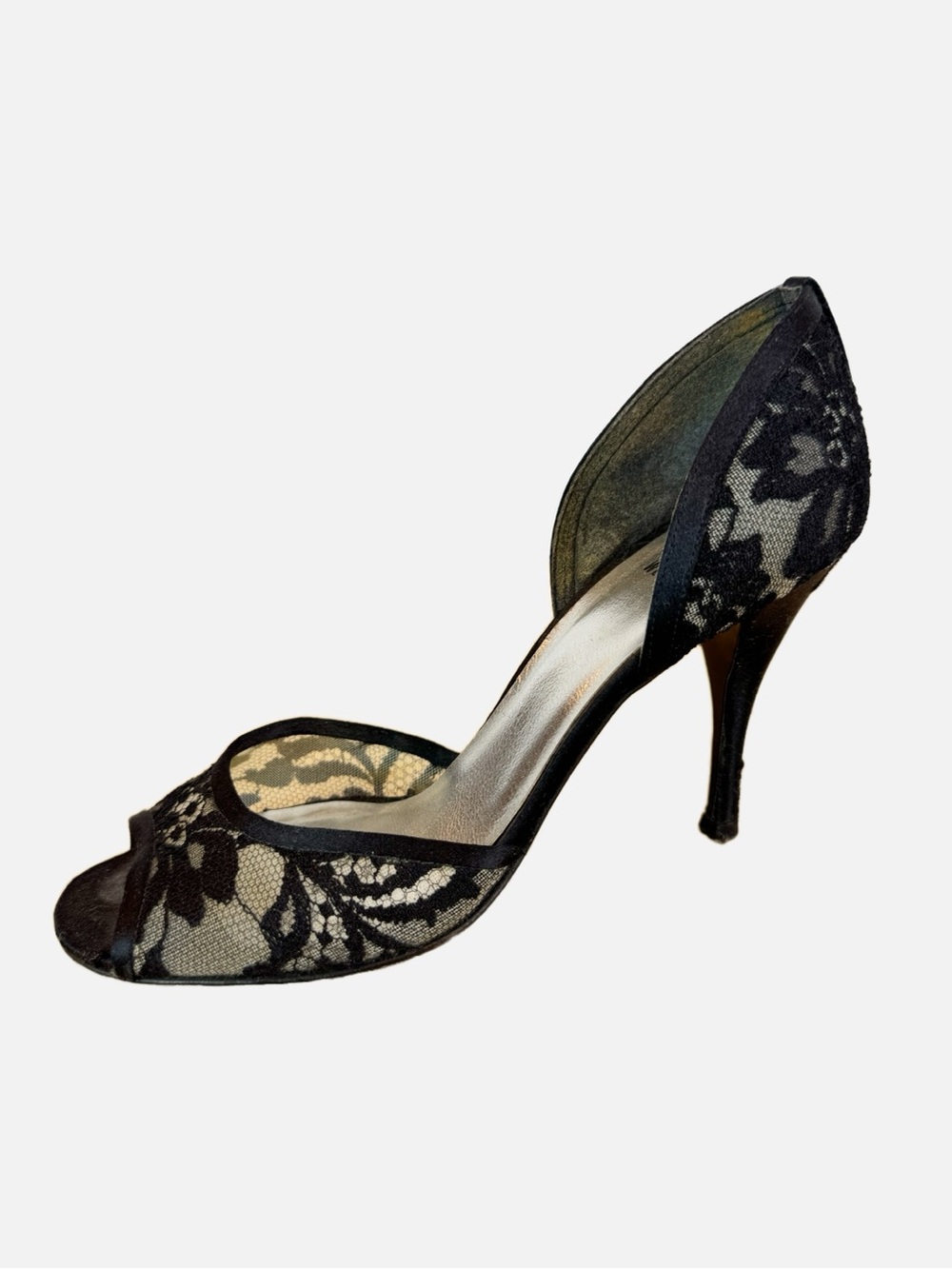 Stuart Weitzman | Black Lace Peep Toe Heel, 7